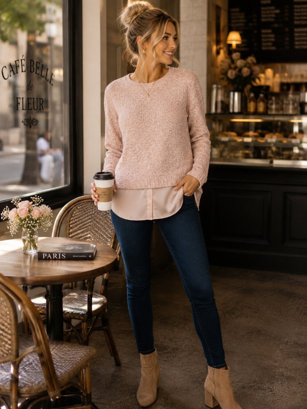 Calvin Klein Blush Pink Bouclé Layered Hem Sweater XL | Textured Knit Career Chi